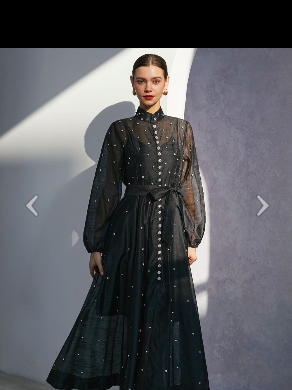 RHINESTONE DECOR BUTTON TIE-SASH ORGANZA MAXI DRESS IN BLACK